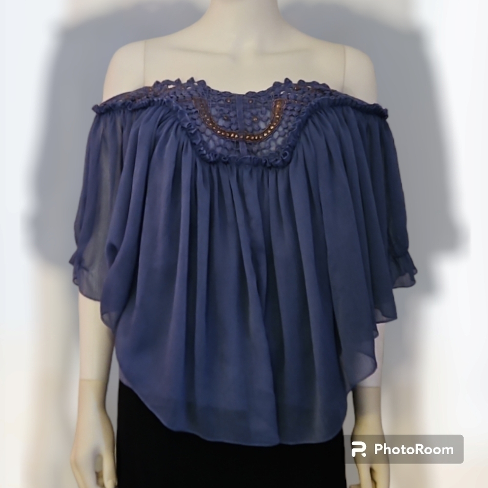VTG NINE WEST Fairycore Blue Crochet Lace Chiffon Shawl Poncho Festival Top - Picture 3 of 9